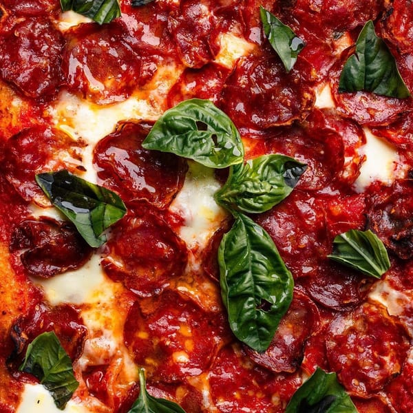 Close-up of a Mille Luci Pizzeria pepperoni pizza with melted cheese, red sauce, and fresh basil leaves.